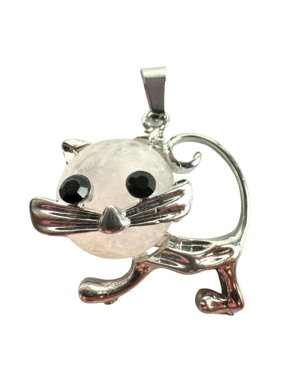 Cat-Shaped Silver Tone Pendant Rose Quartz Body & Black Crystal Eyes